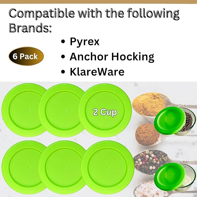 2 Cup/470 mL Spring Green Replacement Lids/Covers for Pyrex 7200-PC, 2 Cup/16oz Anchor Hocking & Klare Ware Storage Bowls *Lids Only* - *Glass Container Not Included* (6 Pack, Spring Green)