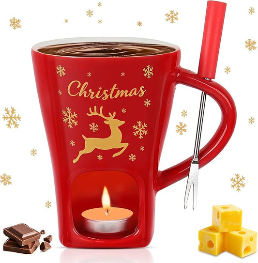 HANEVEAR Chocolate Fondue Mug, Mini Chocolate Melting Mug with 2 Forks and 2 Tealights, Ceramic Fondue Cup with Festive Holiday Pattern for Cheese, Butter - Birthday, Christmas, Wedding Gift (Red)