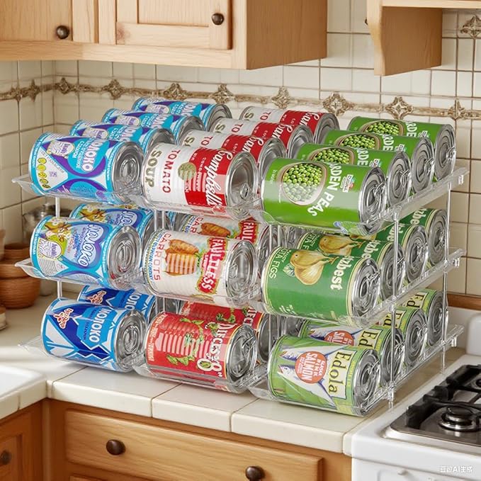 cjc Can Organizer for Pantry, Clear Can Organizer for Fridge, Automatic Rolling Soda Pantry Organizers for 36 Cans, Stackable Storage Rack for Kitchen Cabinet (3 Sets 3 Tiers)