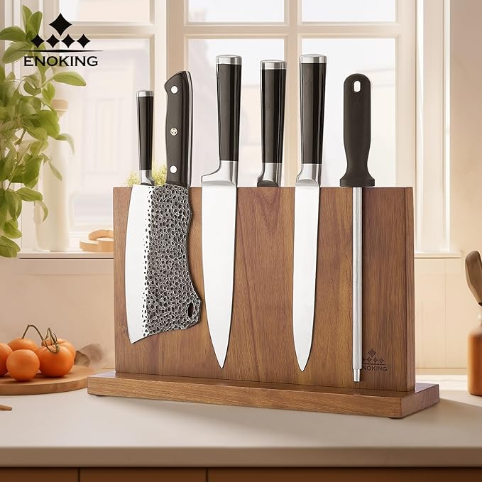 ENOKING Extra Large Magnetic Knife Block, 15.2-In Acacia Wood Knife Holder for Home Kitchen, Universal Knife Holder Stand with Strong Enhanced Magnets for Safe and Multifunctional Knife Storage