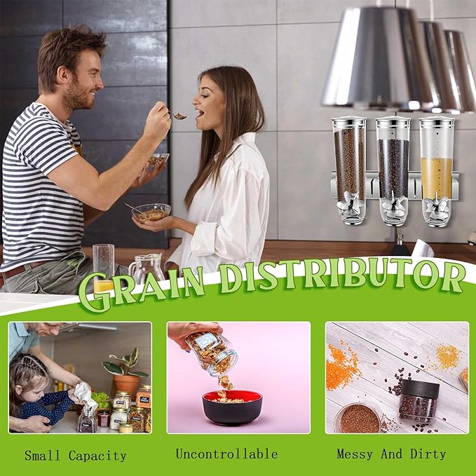 Umigy 2 Pcs Candy Dispenser Wall Mounted, Triple Dry Cereal Grain Dispenser Machine Wall Mount, Food Storage Container for Pantry Snack with 3 Cup for Kitchen, 39 oz (Silver)