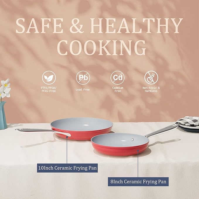 Nonstick Ceramic Frying Pan 10" Non Toxic Cooking Skillet for Eggs Pancakes & Stir Fry Even Heat Distribution PTFE/PFOA/PFAS Free Oven Safe Up to 500ยฐF All Cooktops Compatible, Fusion Red