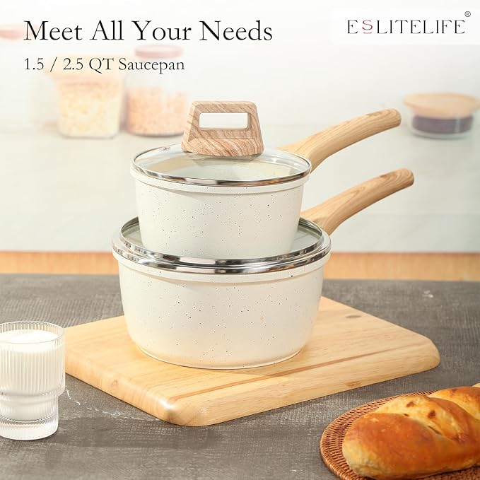 ESLITE LIFE Nonstick Sauce Pan with Lid, 2.5 QT Small Soup Pot Compatible with All Stovetops (Gas, Electric & Induction), PFOA Free, White