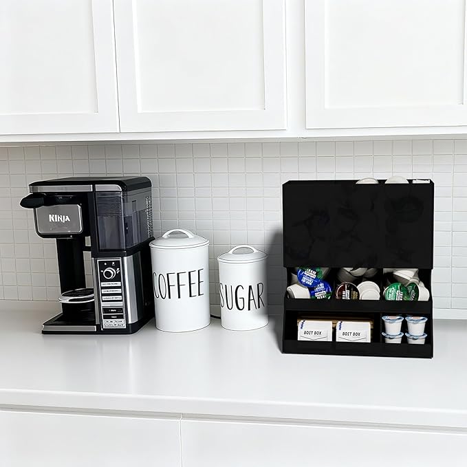 AITEE Modern Black Acrylic Coffee Pod Holder, 3-Compartment Dispenser Organizer for 30 K Cups, Sleek Smudge-Proof Design, Countertop Rack for Kitchen, Breakroom, Pantry, 8.9" L x 4.6" W x 10.2" H