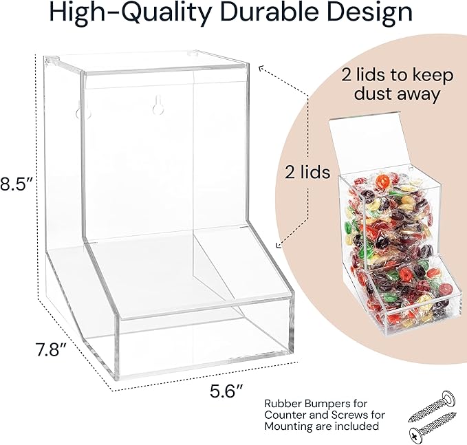 Acrylic Candy Dish & Treat Organizer Dispenser - Rectangular Non-Porous Acrylic - Dual Lids for Fresh Bulk Treats & Cereal Countertop Display