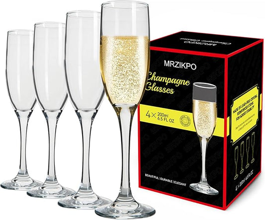Champagne Glasses,Set of 4,Classic Shape,Hand Blown Elegant Unique Gift for Long stem Sparkling,Wine glasses for Wedding,Birthday Mother’s Day-Ideal for Wine Tasting,Daily Use-6.5 oz,Clear