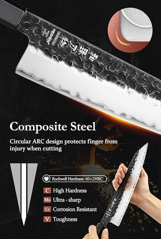 HEZHEN Kiritsuke Knife,9.5 Inches,3 Layers High Carbon Clad Steel Japanese Knife, Composite Forging Steel, Professionl Professional Japanese Kitchen Knife, Redwood Octagonal Handle