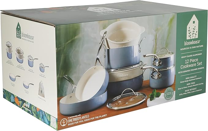 Bloomhouse 12 Piece Aluminum Pots and Pans Cookware Set w/Non-toxic Ceramic Non-stick, Ceramic Steamer Insert, & 12 Protective Care Bags - Periwinkle Blue