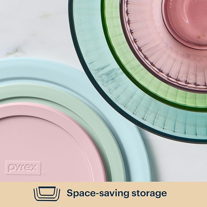 Pyrex Colors Tinted (3-Pack, Full Set) Sculpted Tinted Glass Mixing Bowls With Lids, Nesting Space Saving Set of Bowls For Prepping and Baking, 1.3QT, 2.3QT & 4.5Q, Aqua
