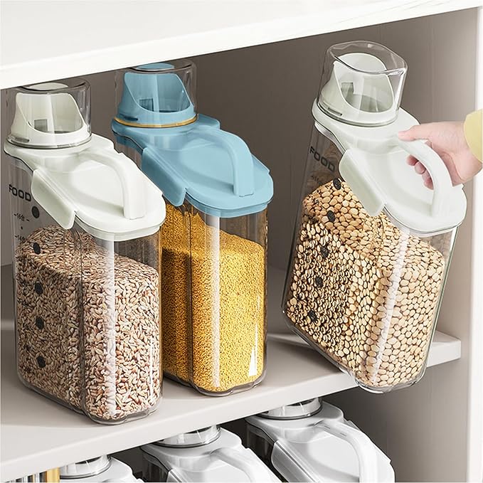 2 PCS Airtight Storage Containers, 2.8L/95fl.oz Cereal Rice Holder, Dog Cat Food Dispenser with Measuring Cup, BPA Free Clear Plastic Kitchen Pantry Organization Bin, 1 Blue+1 White