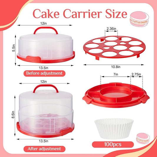 12 Inch Large Cake Carrier with Lid and Handle for 12" Round 7" High Cake Adjustable Plastic Pies Carrier Portable Cupcakes Transport Container for Cookies Pizza and More(Red)