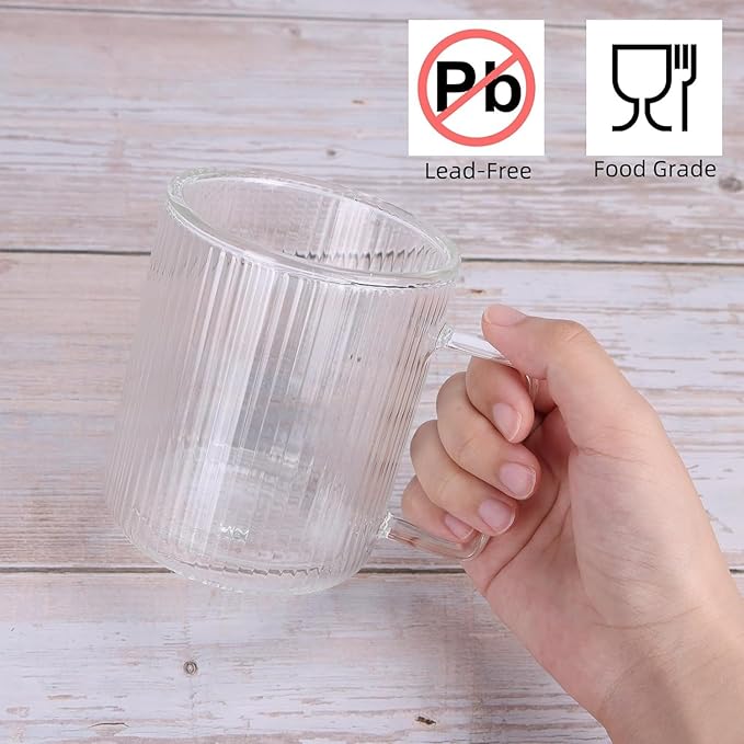 13.5oz Double Walled Glass Coffee Mug - Clear Ribbed Glassware with Handle, Perfect for Cappuccino, Latte, Cereal, Yogurt, Beer, Milk, and All Beverages (Set of 4)