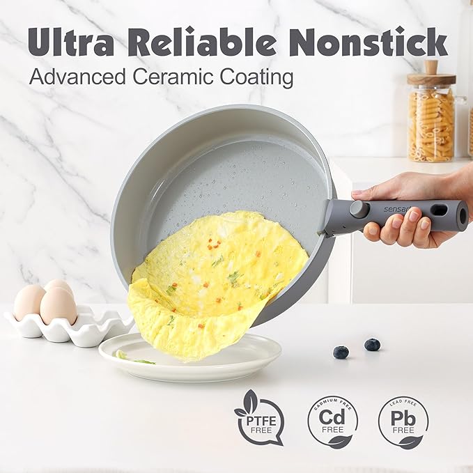 SENSARTE 24 Piece Ceramic Pots and Pans Set, Nonstick Detachable Handle Cookware, Induction Kitchen Cookware Set with Removable Handle, Healthy Non Stick for RV, Dishwasher&Oven Safe, PFOA Free (Gray)