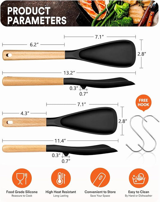 Multifunction Spatula Spoon for Nonstick Cookwares, Great for Cooking and Serving, Sturdy BPA-Free Matte Silicone, Wood Handle Spatula for Mixing, Scoop, and Scrape, Black(2 pack,11.4" & 13.4")