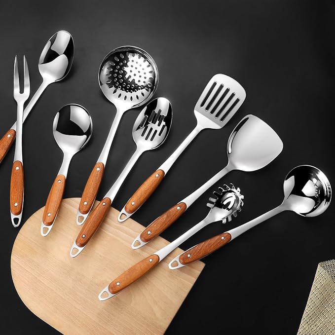 304 Stainless Steel Cooking Utensils Set,9PCS Metal Kitchen Utensils Set with Wooden Handle,Solid Spoon,Spatula,Ladle,Skimmer Spoon,Spaghetti Spoon,Dishwasher Safe