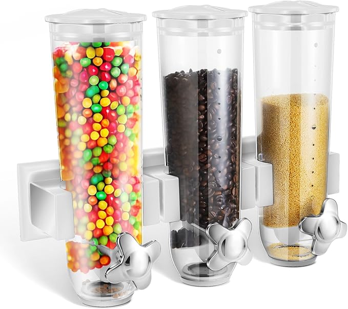 Umigy 1 Pcs Candy Dispenser Wall Mounted, Triple Dry Cereal Grain Dispenser Machine Wall Mount, Food Storage Container for Pantry Snack with 3 Cup for Kitchen, 39 oz (White)