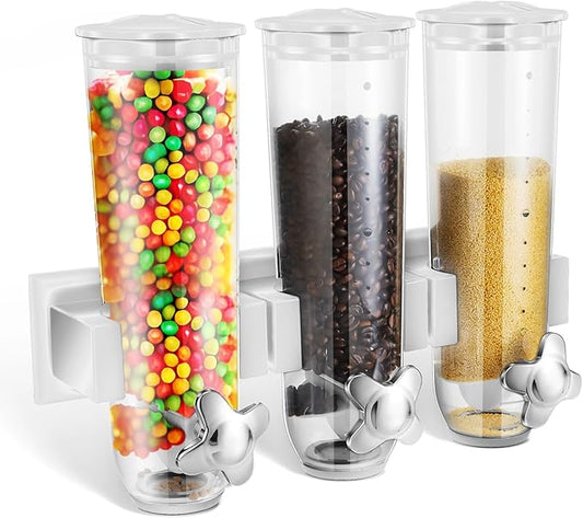 Umigy 1 Pcs Candy Dispenser Wall Mounted, Triple Dry Cereal Grain Dispenser Machine Wall Mount, Food Storage Container for Pantry Snack with 3 Cup for Kitchen, 39 oz (White)