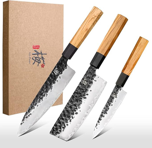 3 Pieces Kitchen Knife Set, Chef Knife, Usuba Knife, Paring knife, High Carbon Stainless Steel With Professional Hand Forged (Olivewood Handle & Gift Box)