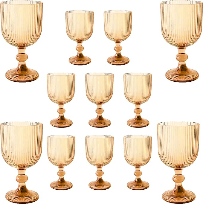 12 Pcs Vintage Wine Glasses, 11 Ounces Colored Glass Water Goblets, Colorful Unique Embossed Pattern High Clear Stemmed Glassware Wedding Party Bar Glass Drinking Cups Vertical Line Amber Set of 12