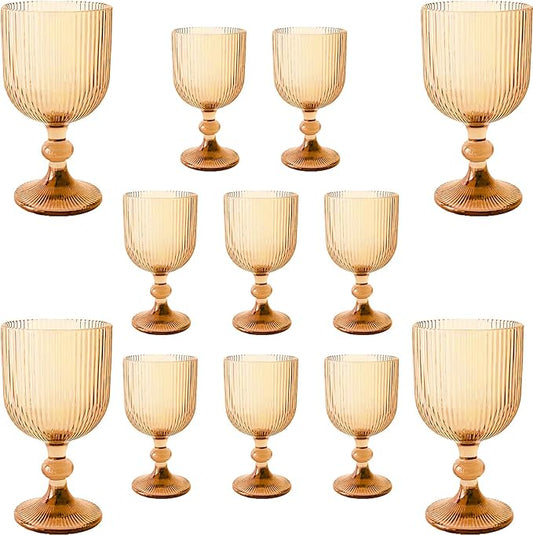 12 Pcs Vintage Wine Glasses, 11 Ounces Colored Glass Water Goblets, Colorful Unique Embossed Pattern High Clear Stemmed Glassware Wedding Party Bar Glass Drinking Cups Vertical Line Amber Set of 12