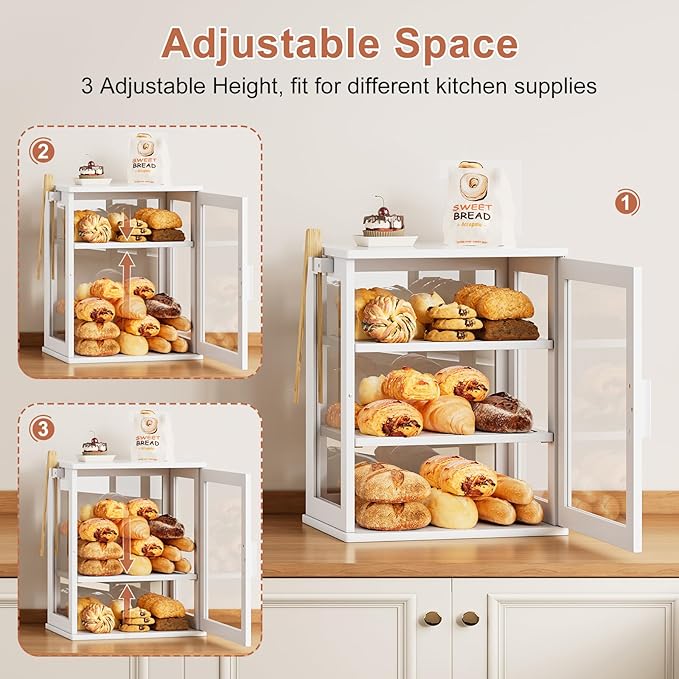 WOWLIVE Bread Box for Kitchen Countertop, Large 3 Layers Bread Storage Container for Homemade Bread with Window, Farmhouse Breadbox Organizer for Kitchen, Cabinet, Pantry (White, Meduim)
