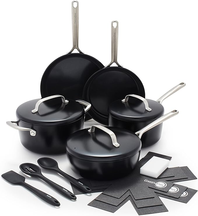GreenPan GP5 Hard Anodized Healthy Ceramic Nonstick 14 Piece Cookware Pots & Pans Set, Heavy Gauge Scratch Resistant, Stay-Flat-Surface, Induction, Oven Safe, PFAS-Free, Black