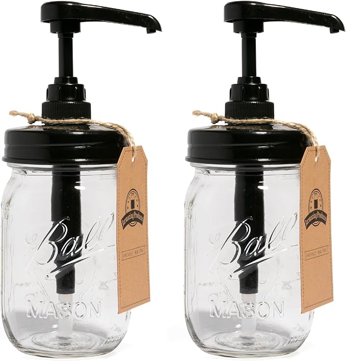 Jarmazing Products Mason Jar Syrup Dispenser - Set of 2 – 16 oz Ball Jars with Rust-Proof, Leak-Proof, Food Grade Pumps for Honey, Syrups, Condiments, Salad Dressings and More