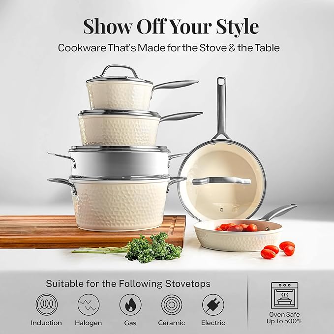 GOTHAM STEEL Hammered 20Pcs Ceramic Cookware Set Nonstick, Induction Pots and Pans Set Non Stick with Deep Fry Pan, Steamer, and Bakeware, Non Toxic PFOA PFOS Free, Oven & Dishwasher Safe