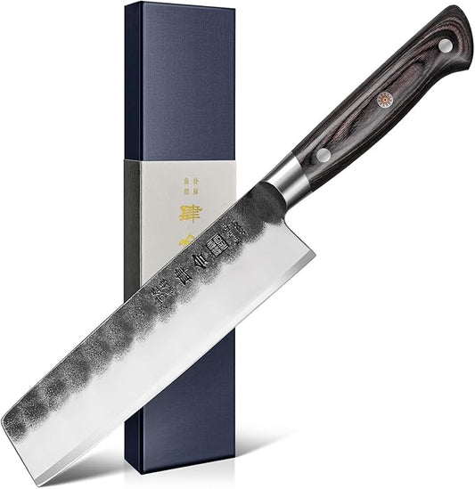 7 Inch Nakiri Knife, Black Forged Japanese Cleaver Knife Chefs Knife with High Carbon Stainless Steel, Japanese Nakiri Knife with Full Tang Pakkawood Handle, Christmas Gift with Premium Box