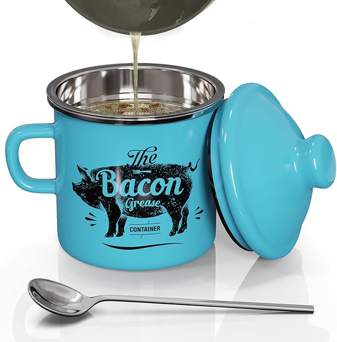 PGYARD Mini Bacon Grease Container With Strainer - 15OZ Enamel Grease Saver, Farmhouse Bacon Grease Keeper For Kitchen Fat Storage, Dishwasher Safe-Light Blue
