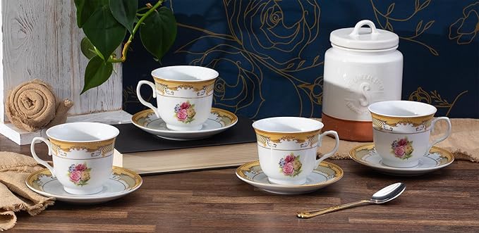 Vintage Rose Porcelain Tea Set - Gorgeous 8 Piece Dinnerware with 5.5 Inch Saucers, 6.5 oz Cups - For Tea Parties, Cappuccino, Every Day Dishes and Formal Occasions (Roses Gold 3008, 8 Piece)
