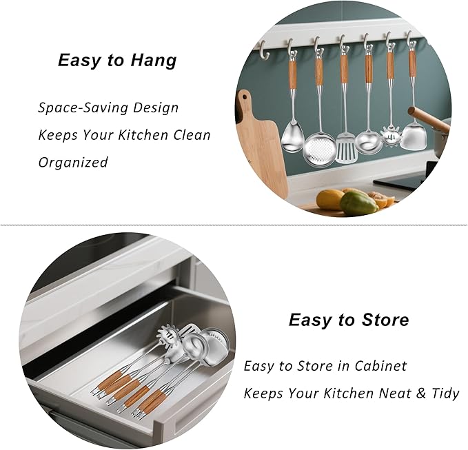 18/10 Stainless Steel Kitchen Utensils Set 6 Pcs Cooking Utensil with Wood Handle, 15.5” Long Spatula, Soup spoon, Leaking shovel, Spaghetti Spoon Kitchen Tools Set (Wood handle - 6 Piece)