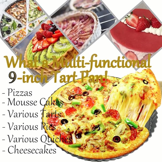 9 Inch Tart Pan with Removable Bottom, Carbon Steel Heavy Duty Nonstick Quiche Pan- Fluted Edges, Loose Bottom, 1.2-Inch Depth for Baking Fruit Tarts, Pies