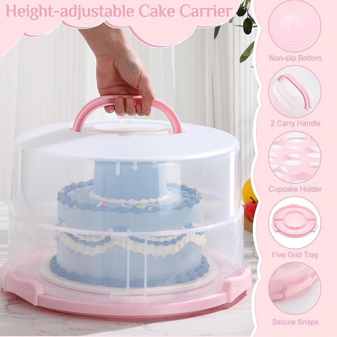 12 Inch Large Cake Carrier with Lid and Handle for 12" Round 7" High Cake Adjustable Plastic Pies Carrier Portable Cupcakes Transport Container for Cookies Pizza and More(Pink)