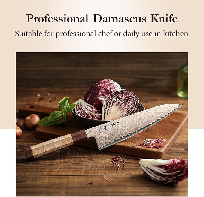 HEZHEN Tricolor Copper Damascus Chef Knife,8.3 Inch Japanese Damascus Knife, 37 Layers Damascus Steel Chef Knife-Razor Sharp,Sycamore Wood Handle