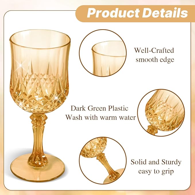 12 Pcs Plastic Amber Wine Drinking Glasses, Plastic Vintage Gold Champagne Vintage Wine Glasses, Unbreakable Goblets for Parties Wedding, Party, Red Wine Glass, Bars, Restaurants, 7Oz