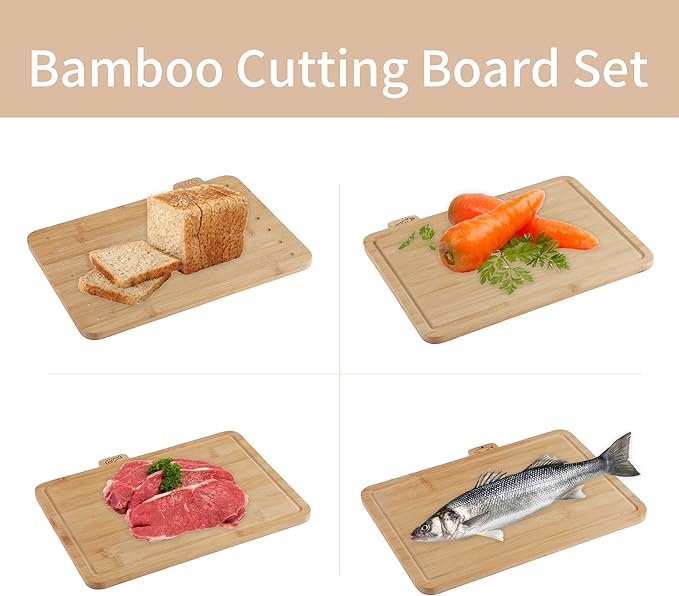 14.56"L x 11"W Bamboo Cutting Board Set of 4 - Wood Cutting Board Set with Holder, Chopping Boards Set with Food Icons, Juice Groove - Ideal for Meat, Fish, Bread, Vegetable, Fruit Chopping