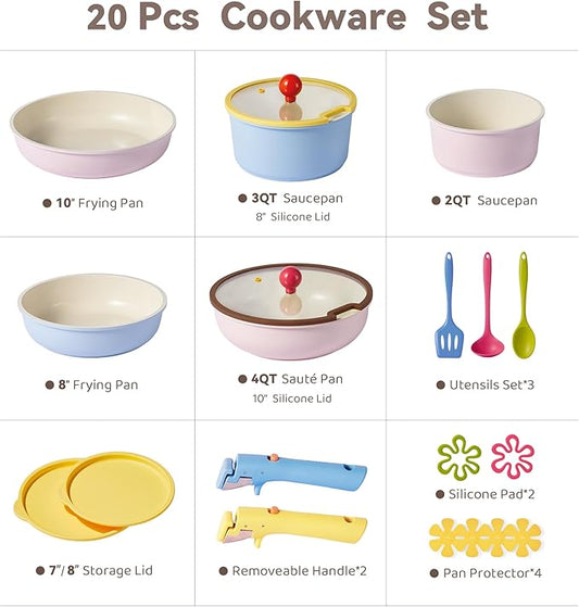 CAROTE 20pcs Ceramic Cookware Set Detachable Handle,Pots and Pans Set Nonstick,Induction Kitchen Cookware with Removable Handle,RV Dishwasher & Oven Safe, PFOA Free
