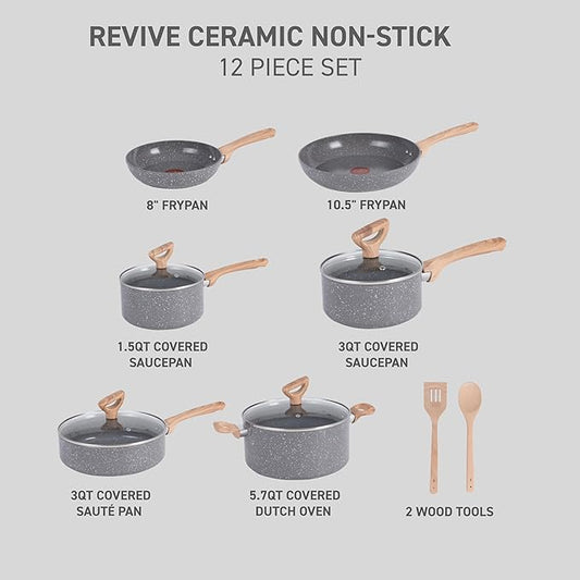 T-fal Revive Ceramic Cookware Sets, Pots and Pans Set Nonstick, (12 pieces), Ceramic Non stick Coated, Frying Pan, Oven Safe Up To 350°F, Grey Granite