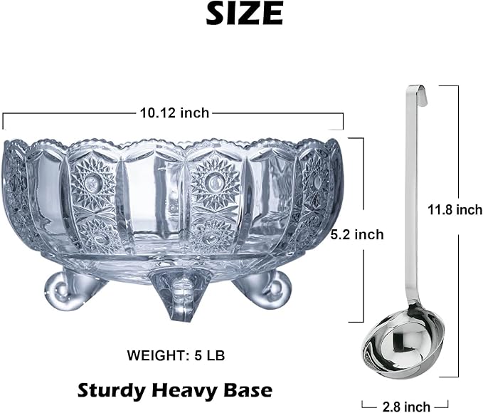 Vintage Crystal Glass Punch Bowl with Ladle - 1 Gallon Unique Design Drink Dispenser - Heavy and Sturdy PunchBowl Set for Centerpiece Table Decorations at Parties
