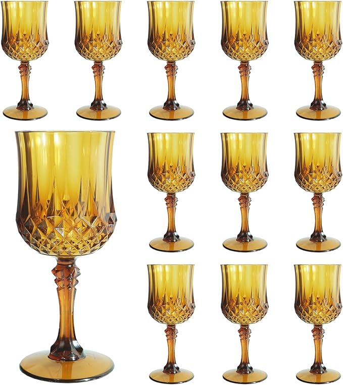 Plastic Wine Glasses,Plastic Goblets Vintage Style Cordial Drinking Glasses for Wedding Reception, Grand Event Party Supplies (12, Amber)