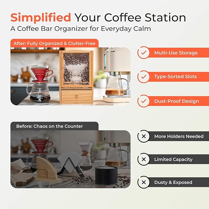 Coffee Filter Holders Storage with Lid, Large Capacity Oak Wood Box for Pour Over Coffee Station Accessories & Tea Bag Organizer, Versatile Home Bar Essentials for Farmhouse Kitchen Decor