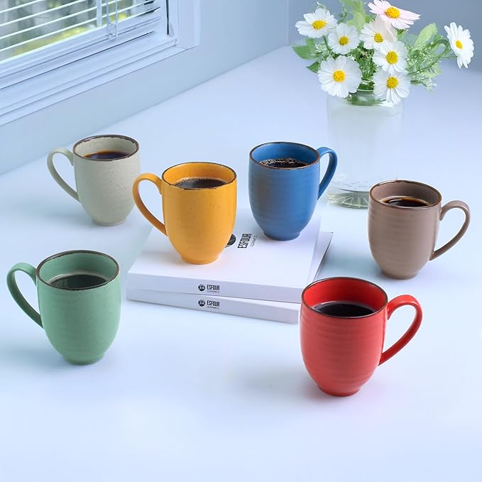 Coffee Mugs Set Of 6, 14 Oz Large Handle Heavy Duty Cups - Microwave Dishwasher Safe - Latte, Cappuccino, Tea, Cocoa, Mocha - Men, Women, Home Office Daily Use, Matt Assorted Colors