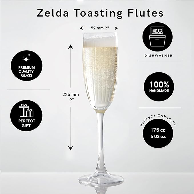 Zelda Collection Wedding Champagne Flutes | Elegant Design for Weddings, Anniversaries & Celebrations | Exquisite Craftsmanship | Perfect for Home & Bar | Set of 2 | 5.7-Ounce Capacity