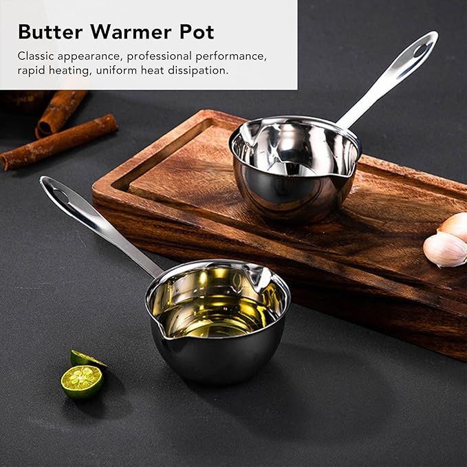 Butter Warmer, Butter Warmer Pot Food Grade Stainless Steel Mini Butter Warmer Milk Warmer Coffee Pot Stovetop Chocolate Melting Pan with 2 Pour Spouts Sauce Pan for Stove Top Coffee Tea Soup(300ML)