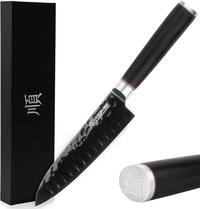 YOUSUNLONG Santoku Knife - 7 Inch Kitchen Knife Chef Knife -Japanese AUS8 Black Titanium Nitride Coated Steel - Natural Leadwood Handle