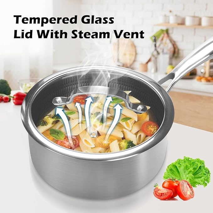 1QT Stainless Steel Saucepan With Lid, Honeycomb Non-stick Cooking Pot, Eco-Friendly PFOA-Free Coating, Compatible with All Cooktops, Perfect for Milk, Soup, Oatmeal & Baby Food, Dishwasher Safe