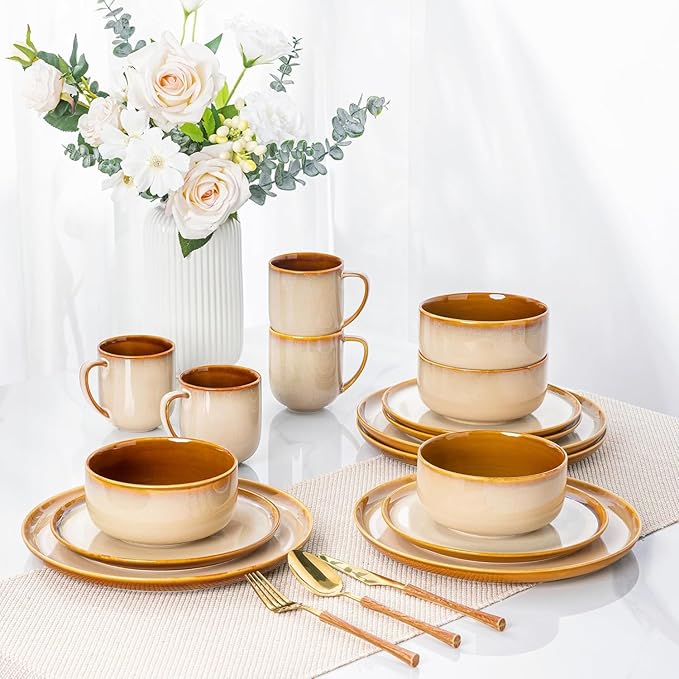 LERATIO Ceramic Dinnerware Sets for 8,Plates and Bowls Sets,Reactive Glaze Dishes Set,Highly Chip and Crack Resistant | Dishwasher & Microwave & Oven Safe Dishes set,Service for 8-Kahki (24pc)