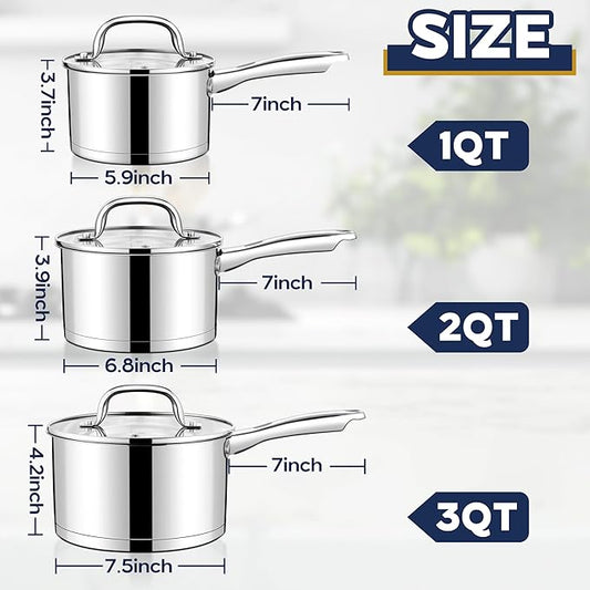 LIANYU Stainless Steel Saucepan with Visible Lid, 1QT & 2QT & 3QT Sauce Pan Sets, Multi-Purpose Small Induction Cooking Pots for Home Kitchen, Healthy & Non-Toxic, Oven & Dishwasher Safe