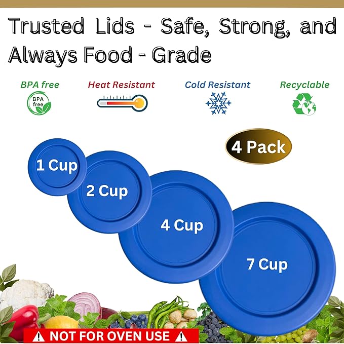 1, 2, 4 & 7 Cup Blue Replacement Lids/Covers for Pyrex, Anchor Hocking & KlareWare Storage Bowls *Lids Only Glass Container Not Included* (4 Pack *One of Each Size*)